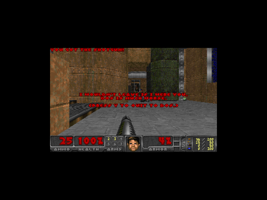 Freedoom1 running as a userland app on StinkOS, picking up a shotgun in Phase 1 Map01