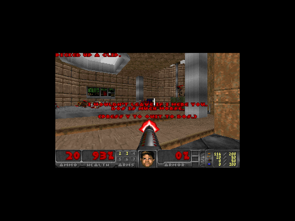 Freedoom1 mid-combat with pistol drawn, status bar showing 93% health