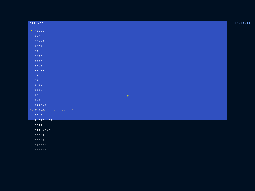 StinkOS boot menu listing 25 userland apps including Doom variants