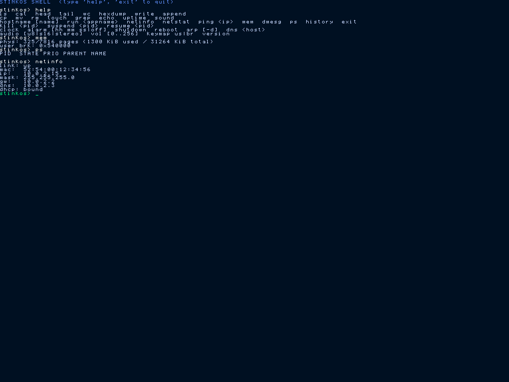 StinkOS shell running help, mem, ps, and netinfo commands back to back