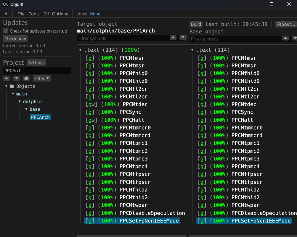 objdiff showing a matched object: original and recompiled disassembly side by side, fully green